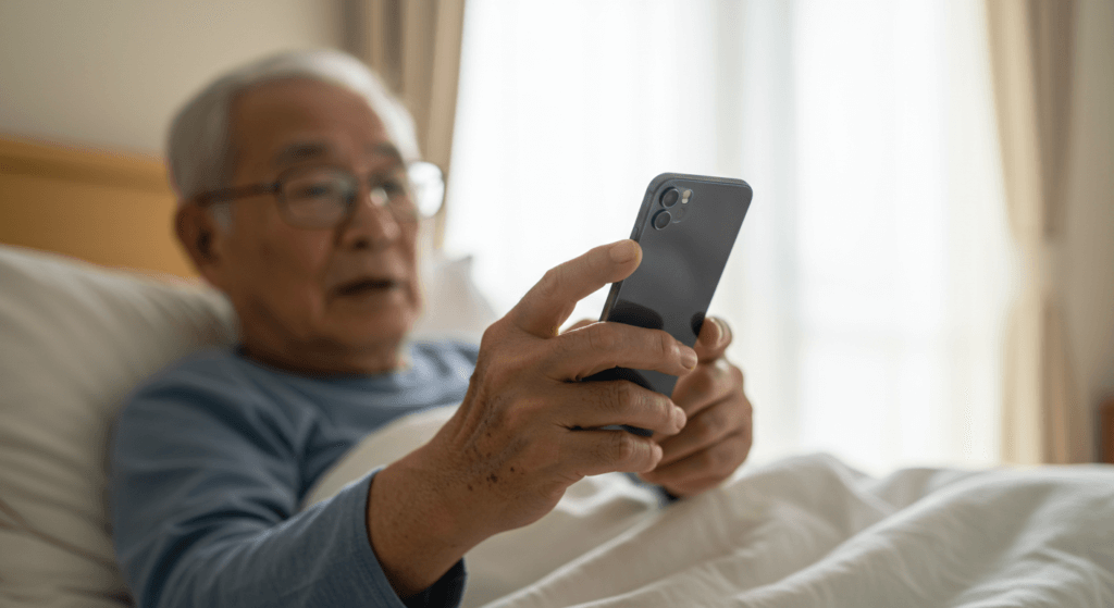 手が不自由なお年寄りがスマホを操作している様子